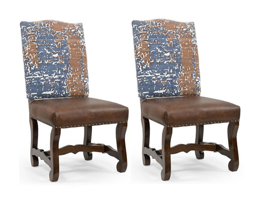 Set of Two Blue And Brown Solid Wood Upholstered Chenille And Leather Dining Side Chairs