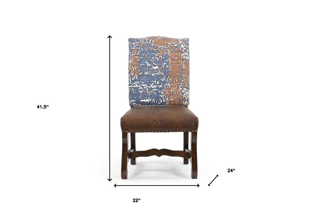 Set of Two Blue And Brown Solid Wood Upholstered Chenille And Leather Dining Side Chairs