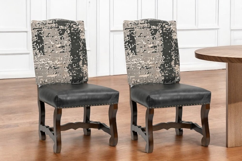Set of Two Black Gray And Dark Brown Solid Wood Upholstered Chenille And Leather Dining Side Chairs
