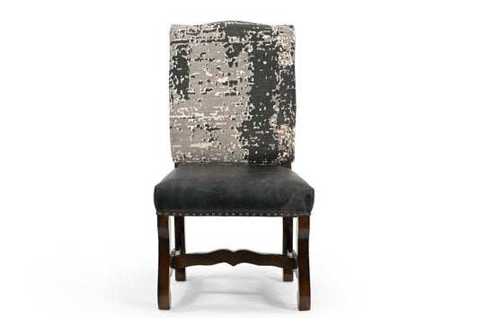 Set of Two Black Gray And Dark Brown Solid Wood Upholstered Chenille And Leather Dining Side Chairs