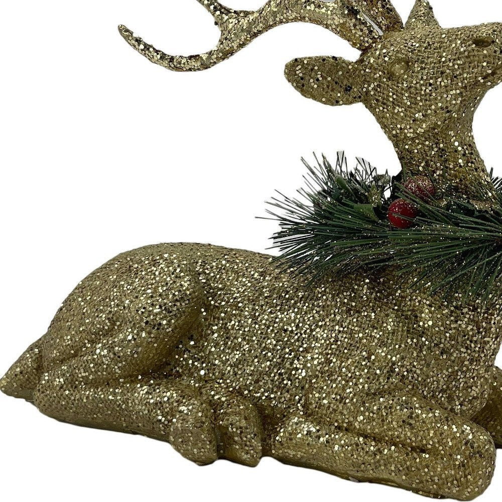 9" Gold Green And Red Polyresin Reindeer Christmas Figurine