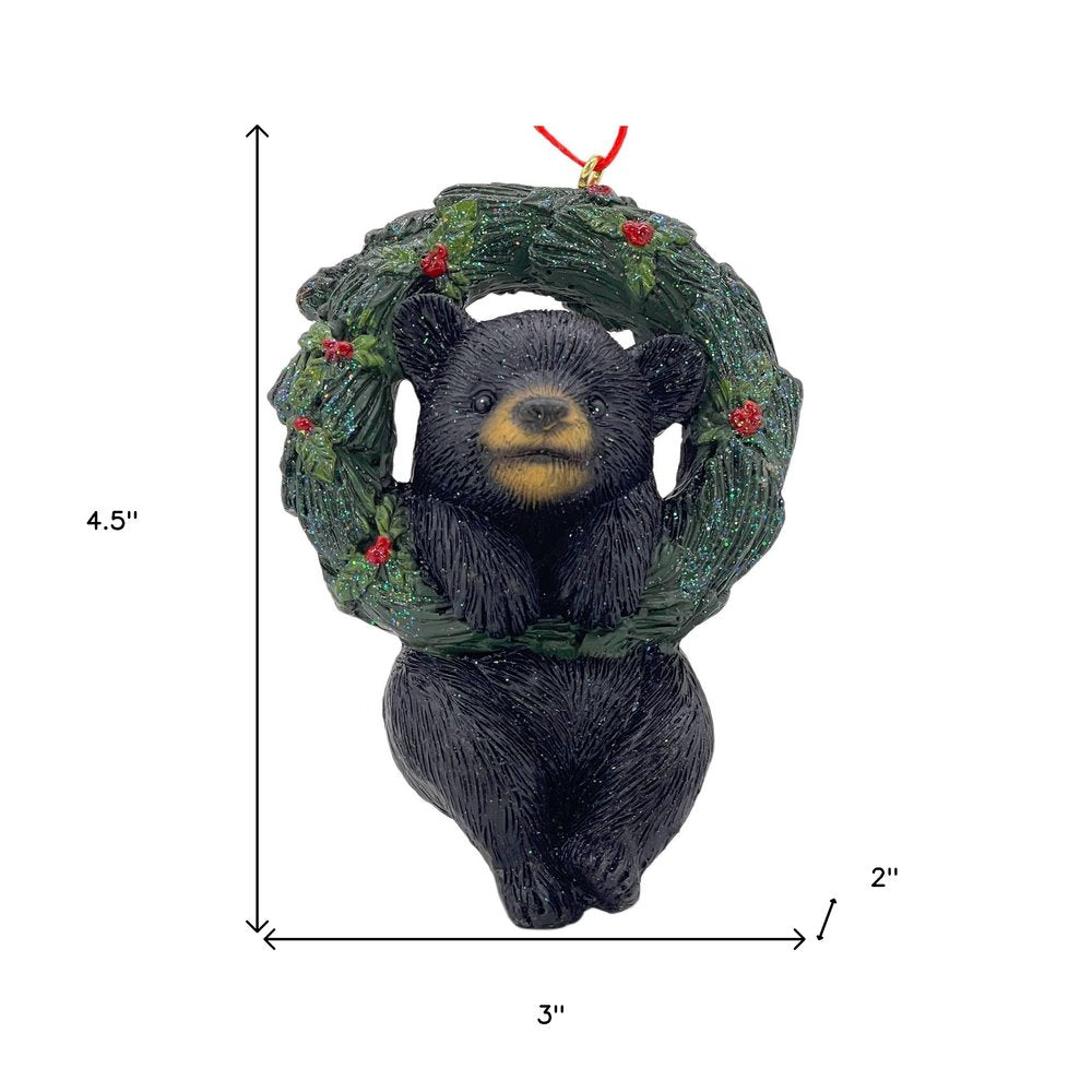 5" Black Green And Red Resin Bear Christmas Figurine