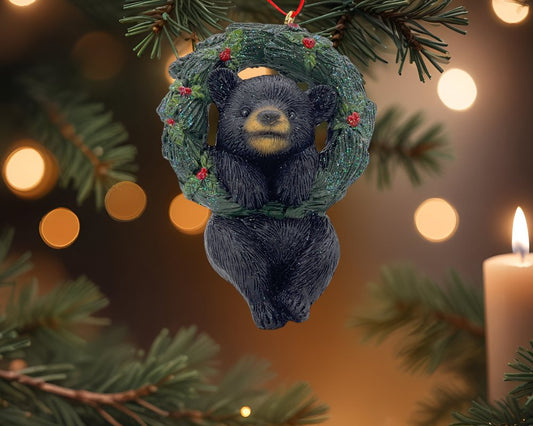 5" Black Green And Red Resin Bear Christmas Figurine