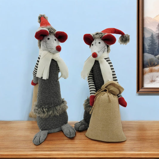 Set of Two Gray Brown And Red Fabric Rodent Christmas Figurine