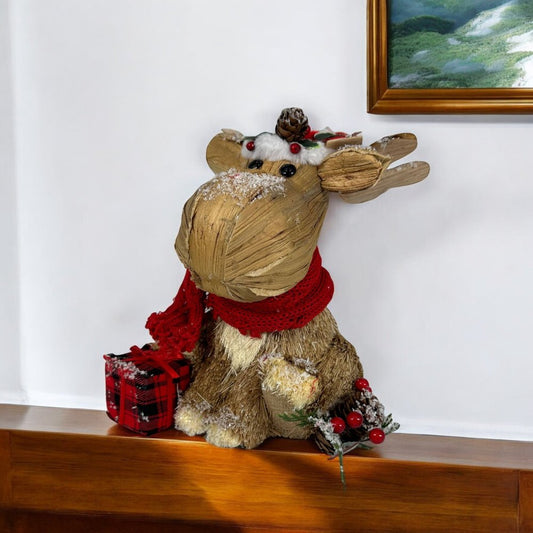 10" Brown Red And Green Straw Reindeer Christmas Reindeer Figurine