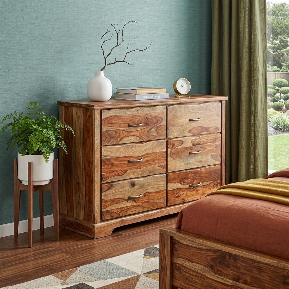 60" Brown Solid Wood Six Drawer Double Dresser