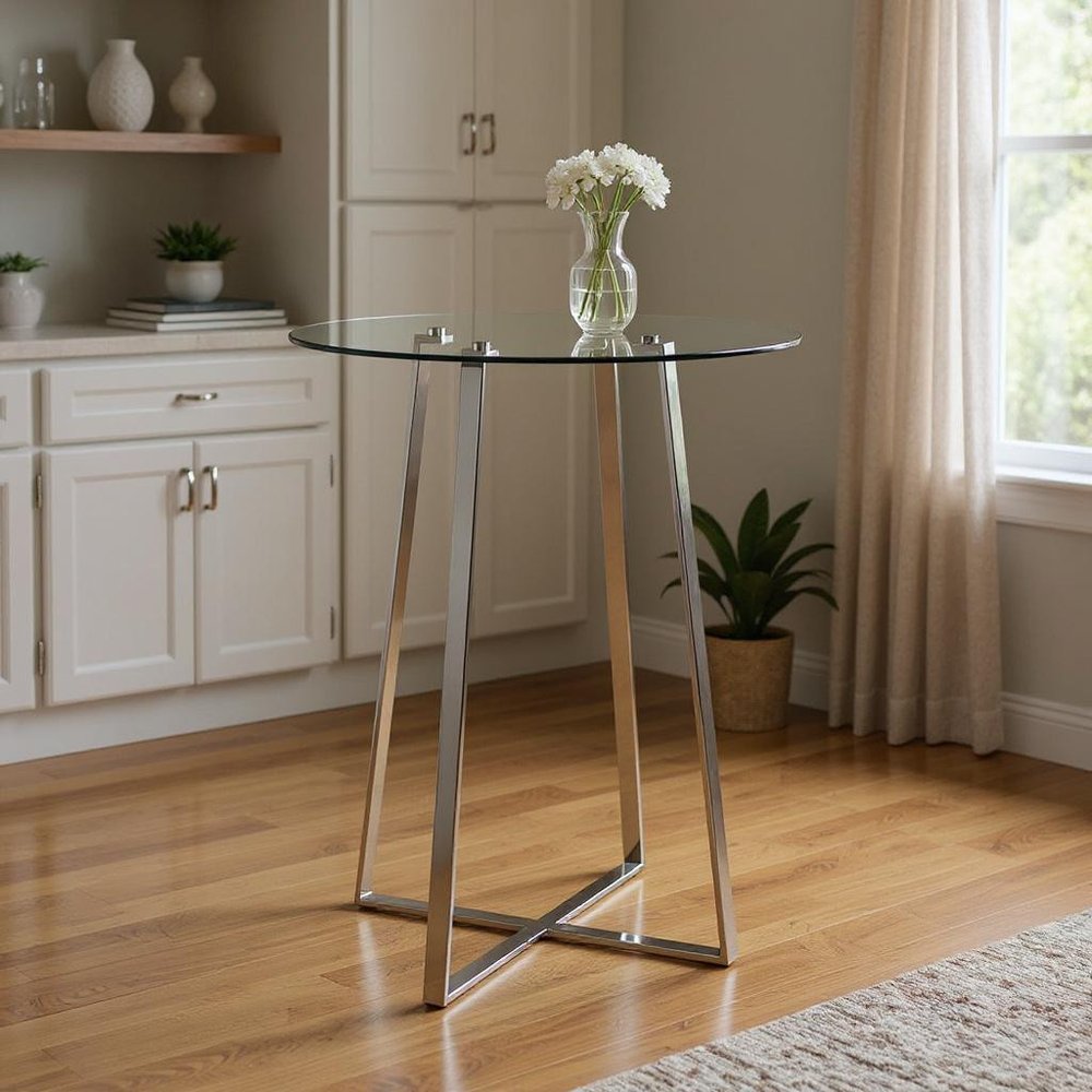 32" Clear and Silver Rounded Glass and Iron Bar Table