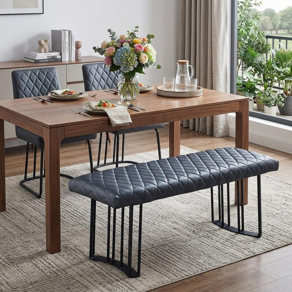 47" Dark Gray and Black Faux Leather Upholstered Dining Bench