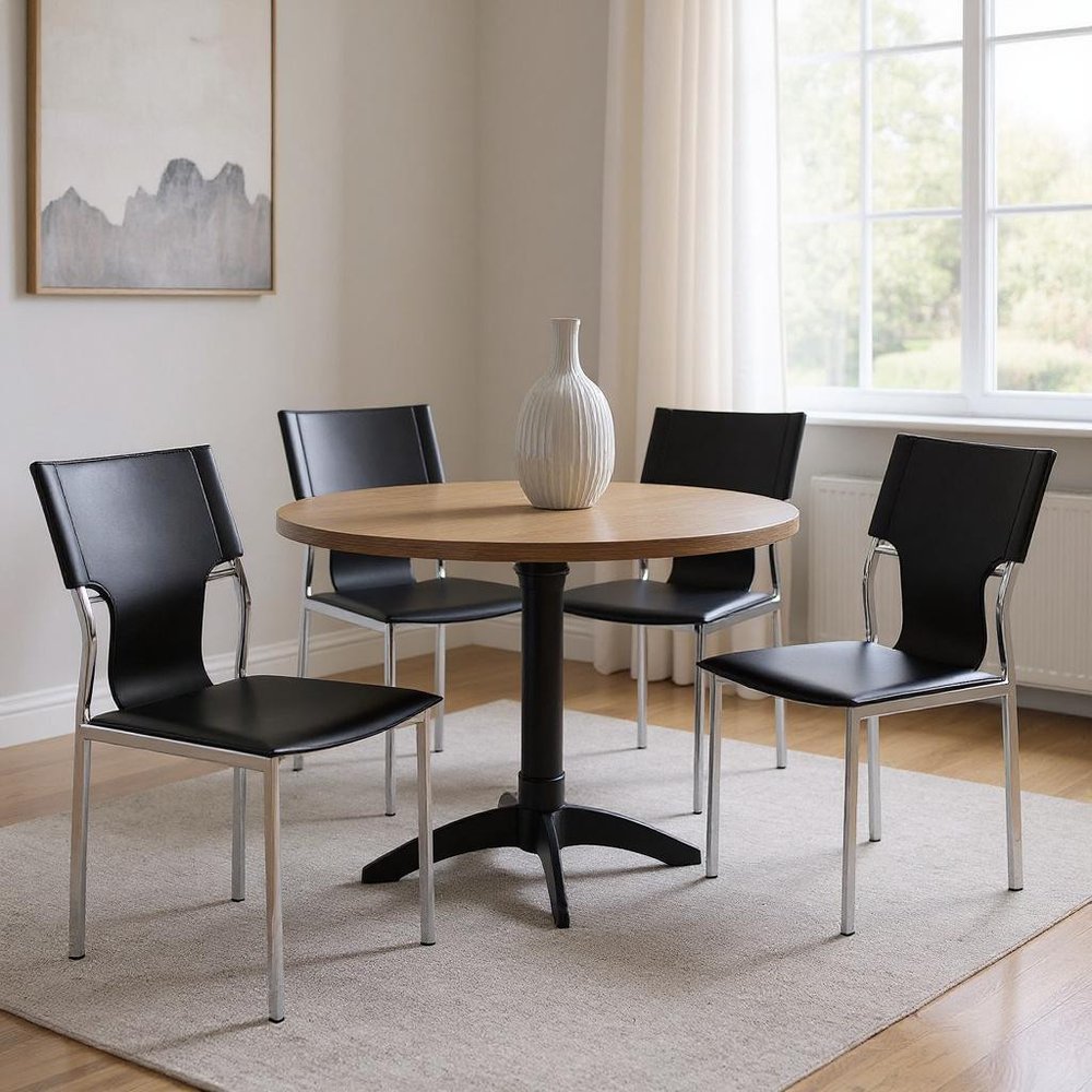 Set of Four Black and Silver Metal and Leather Partially Open Back Dining Side Chairs