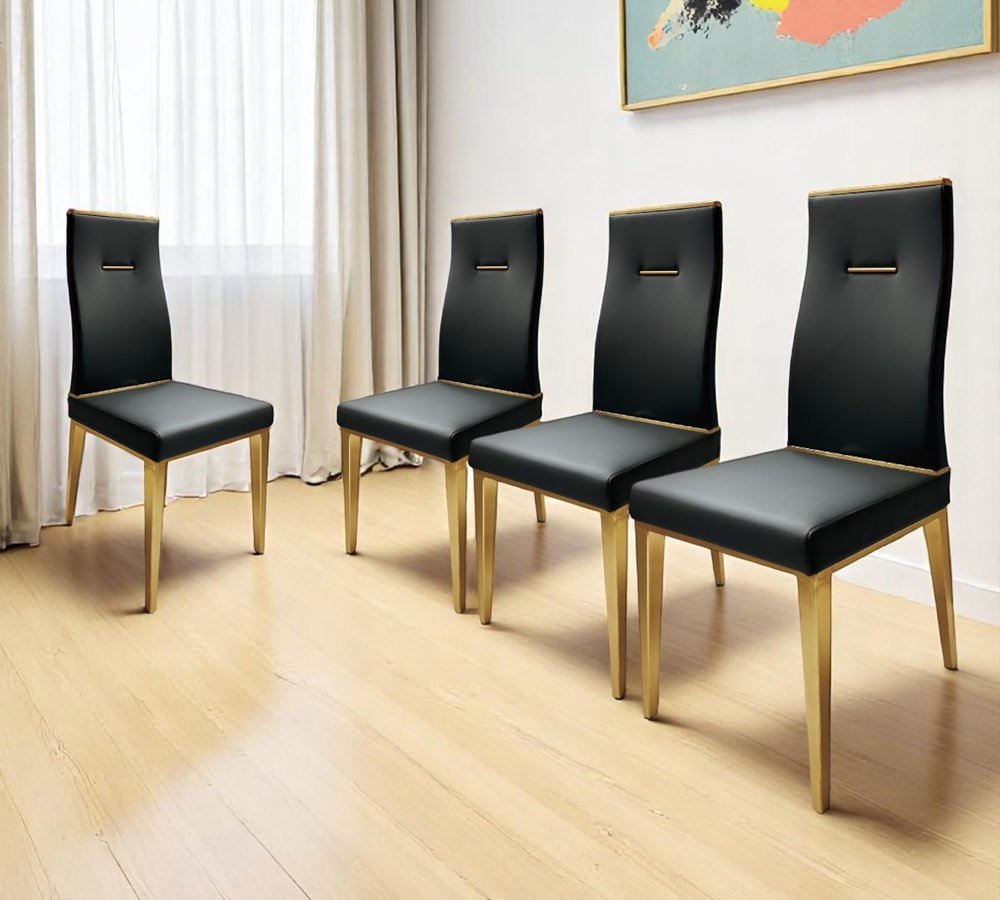 Set of Four Black and Gold Upholstered Faux Leather Dining Side Chairs