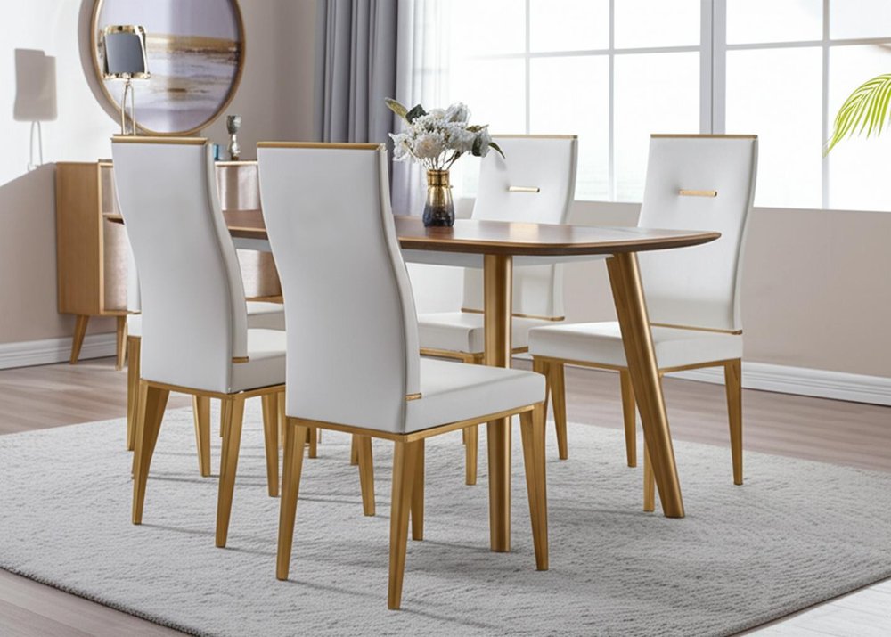 Set of Four White and Gold Upholstered Faux Leather Dining Side Chairs