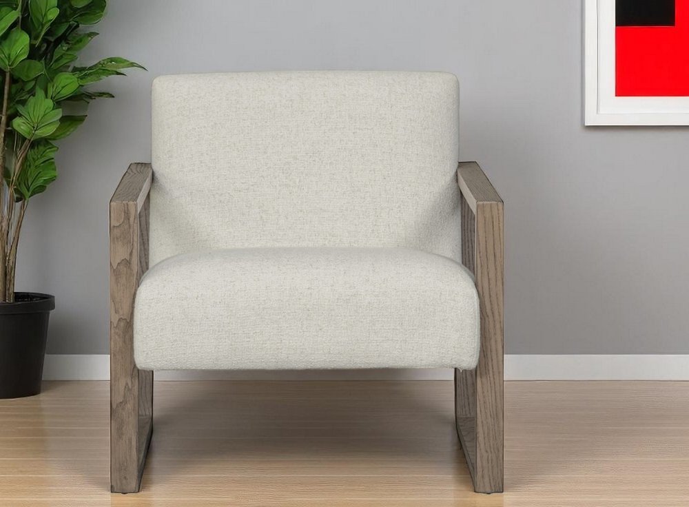 28" Beige and Ash Gray Fabric And Wood Arm Chair
