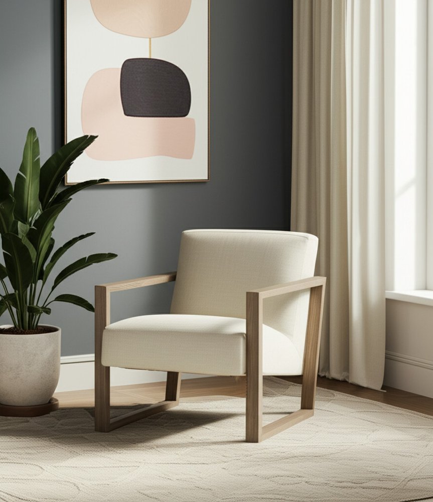 28" Off White and Ash Gray Fabric Lounge Chair