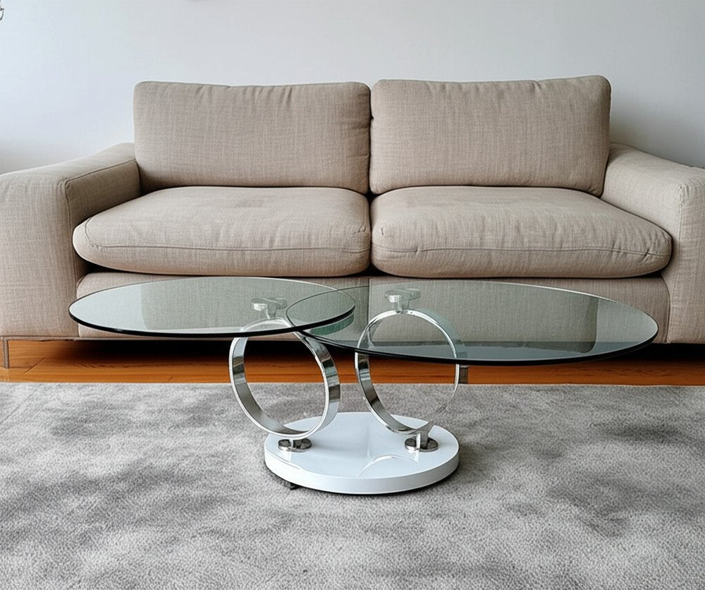 32" Clear White and Silver Glass And Metal Round Abstract Coffee Table