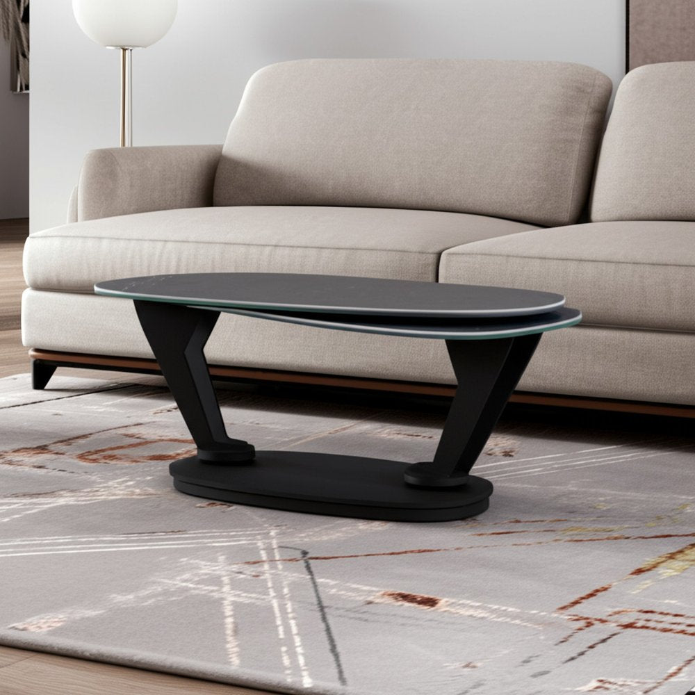 36" Gray And Black Faux Marble And Metal Oval Coffee Table