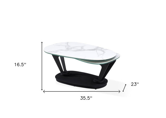 36" White And Black Faux Marble And Metal Oval Coffee Table