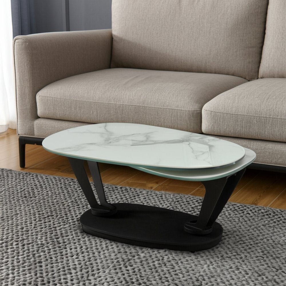 36" White And Black Faux Marble And Metal Oval Coffee Table