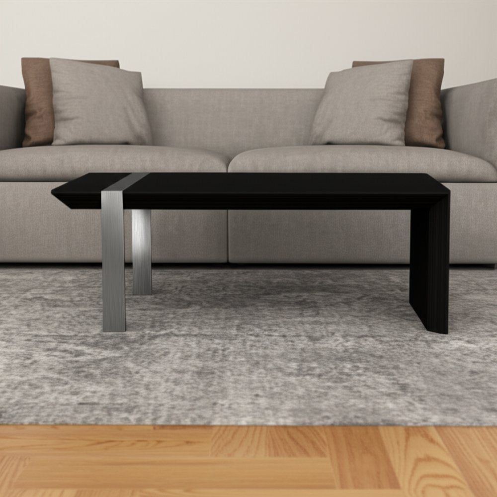 48" Black And Silver Wood And Stainless Steel Distressed Sled Coffee Table