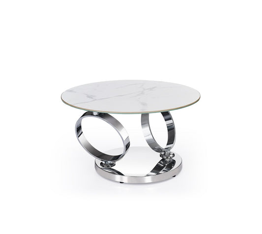 32" White And Silver Ceramic Tile And Metal Round Abstract Coffee Table