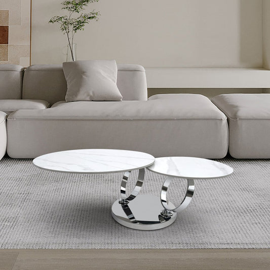 32" White And Silver Ceramic Tile And Metal Round Abstract Coffee Table