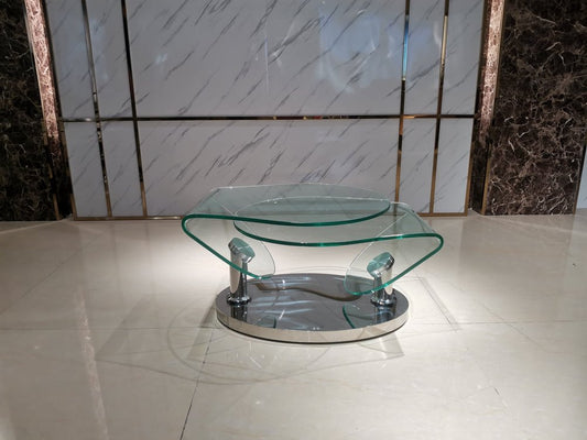 30" Clear And Silver Glass And Metal Oval Abstract Coffee Table
