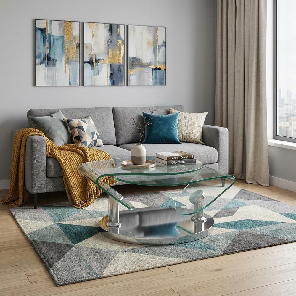30" Clear And Silver Glass And Metal Oval Abstract Coffee Table