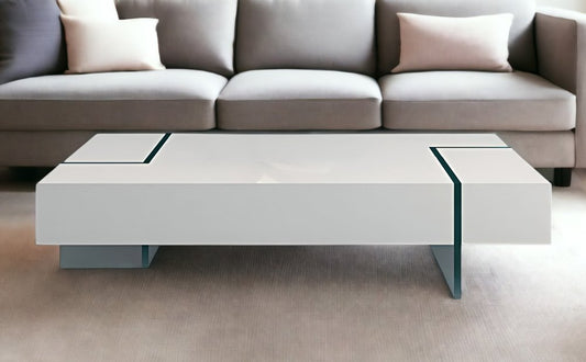 53" White And Clear Wood And Glass Sled Coffee Table