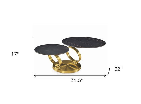 32" Black And Gold Ceramic Tile And Metal Round Distressed Abstract Coffee Table