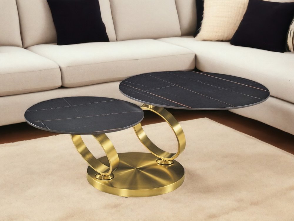32" Black And Gold Ceramic Tile And Metal Round Distressed Abstract Coffee Table
