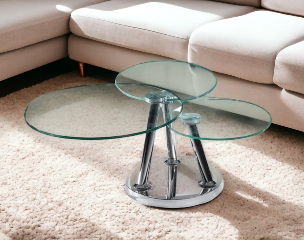 32" Clear And Silver Glass And Metal Round Floor Shelf Coffee Table