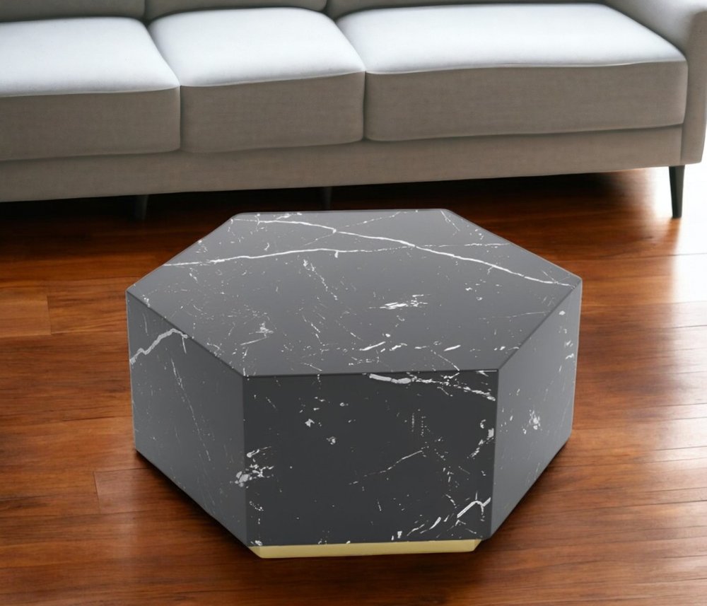 35" Black And Gold Faux Marble Hexagon Drum Coffee Table