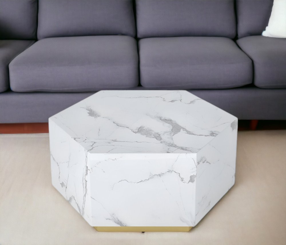 35" White And Gold Faux Marble Hexagon Drum Coffee Table