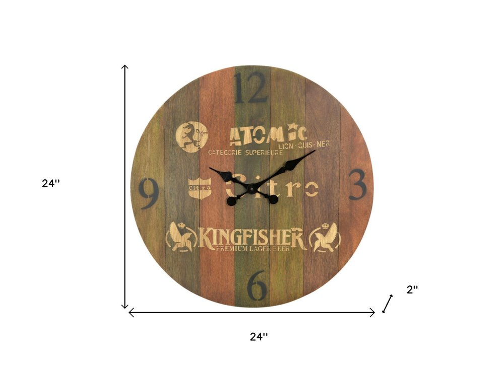 24" Brown Solid Wood Silent Analog Round Wall Clock