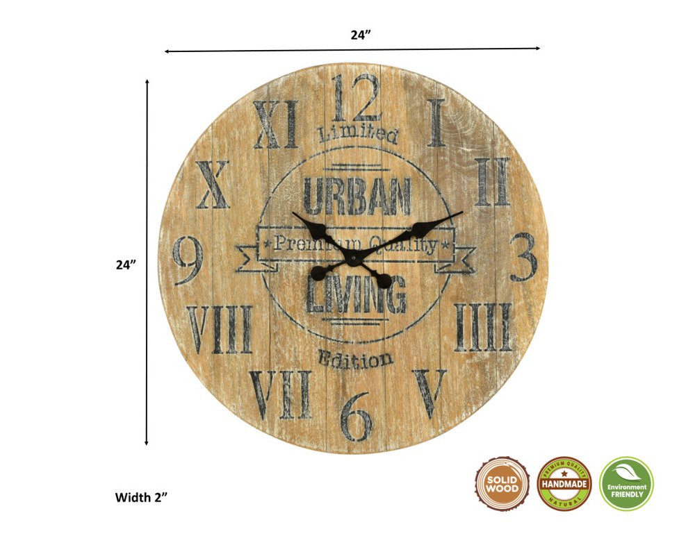 24" Natural Distressed Solid Wood Silent Analog Round Wall Clock