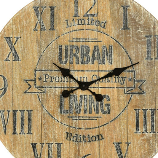 24" Natural Distressed Solid Wood Silent Analog Round Wall Clock