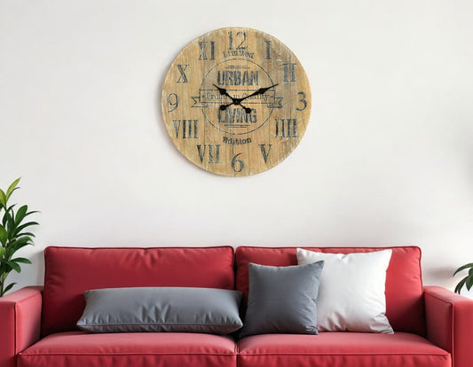 24" Natural Distressed Solid Wood Silent Analog Round Wall Clock
