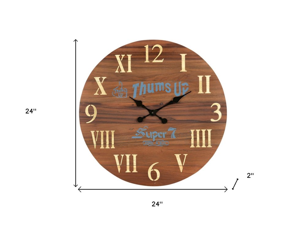 24" Brown Solid Wood Silent Analog Round Wall Clock