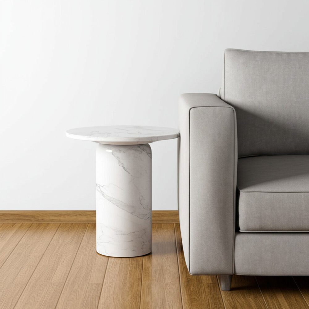 16" White Marble and Wood Round Pedestal End Table