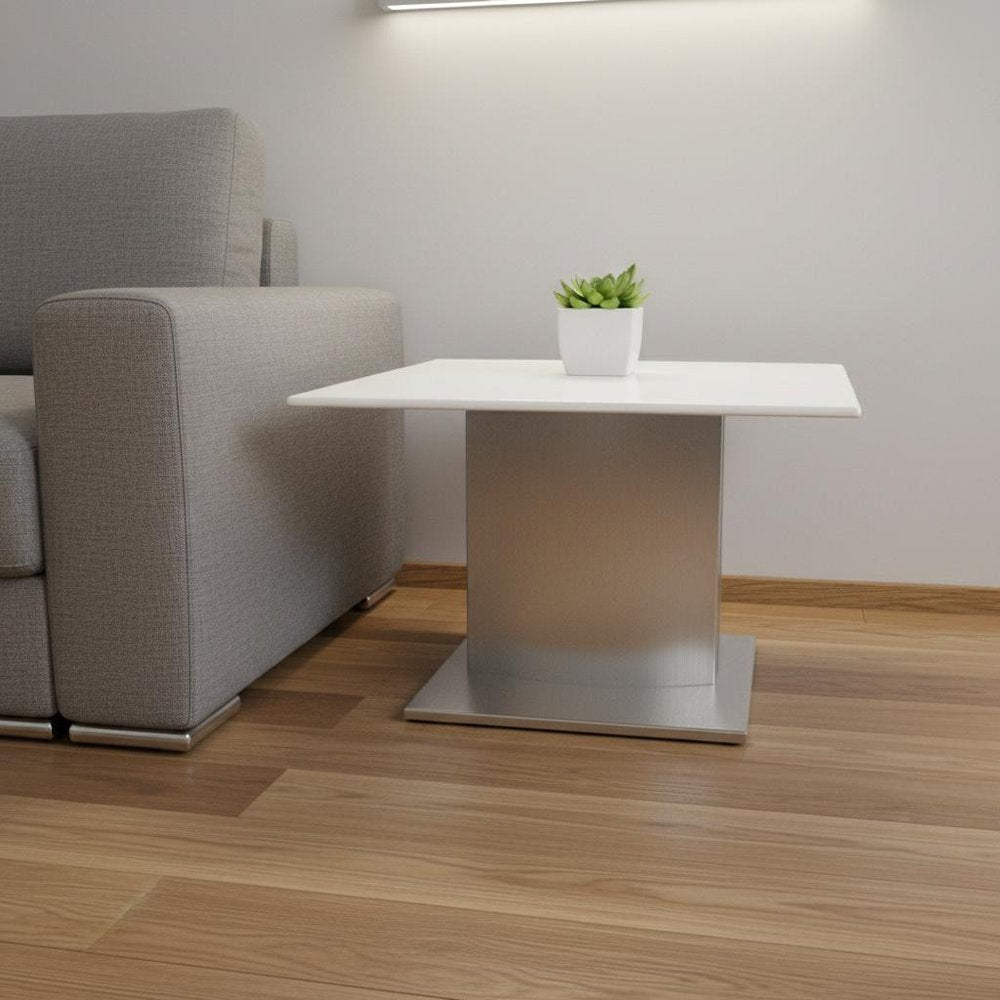 22" White And Silver Marble And Metal Square Pedestal End Table