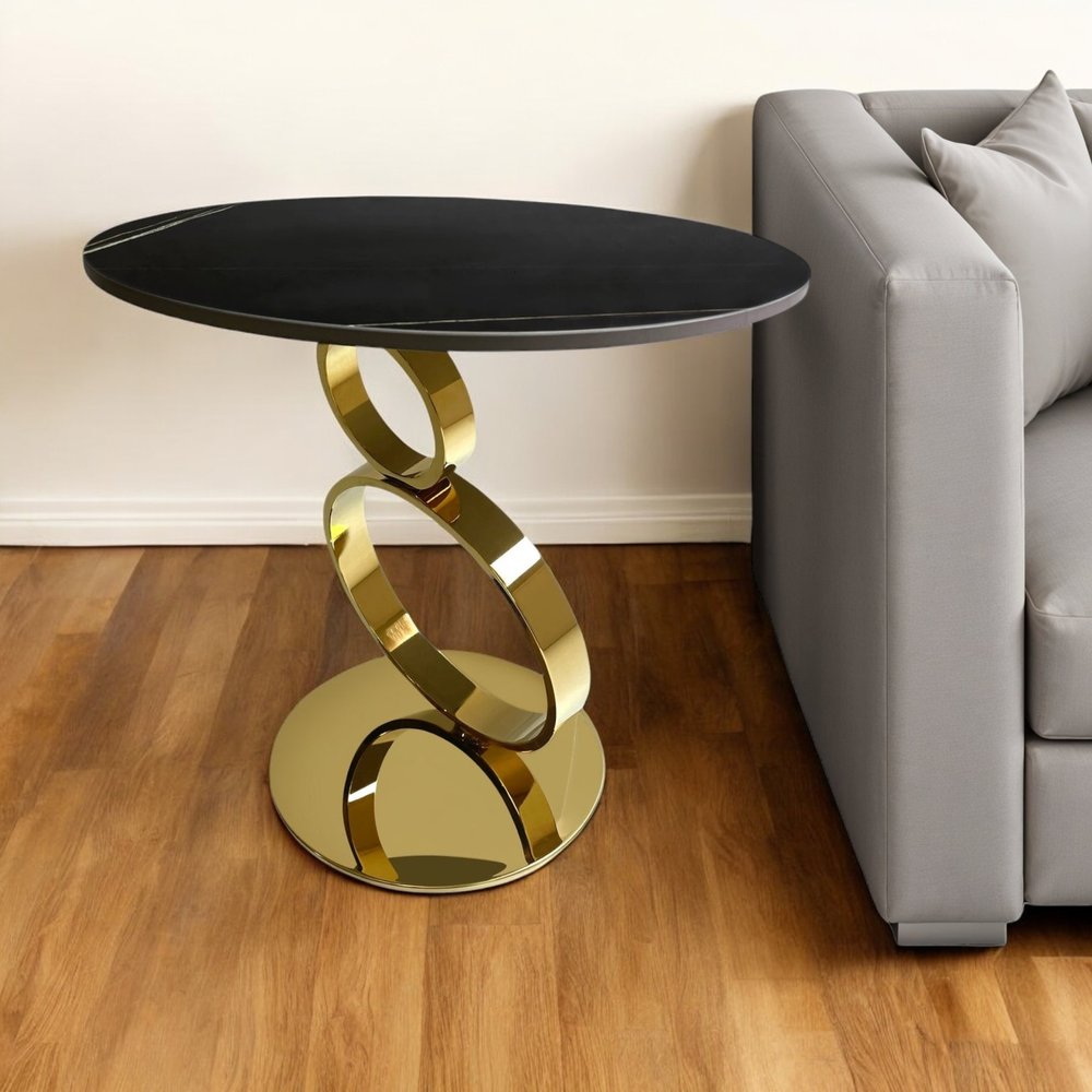 21" Black And Gold Stone And Stainless Steel Round Pedestal End Table