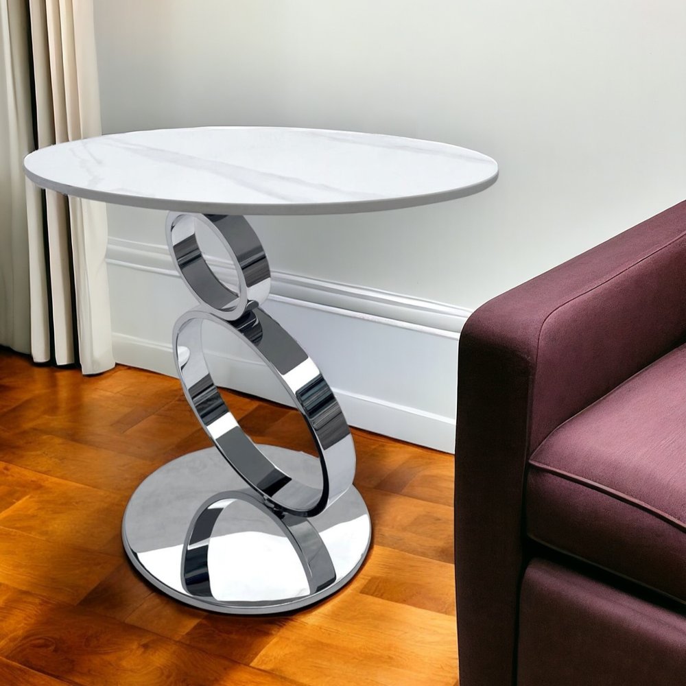 21" White And Silver Stone And Stainless Steel Round Pedestal End Table