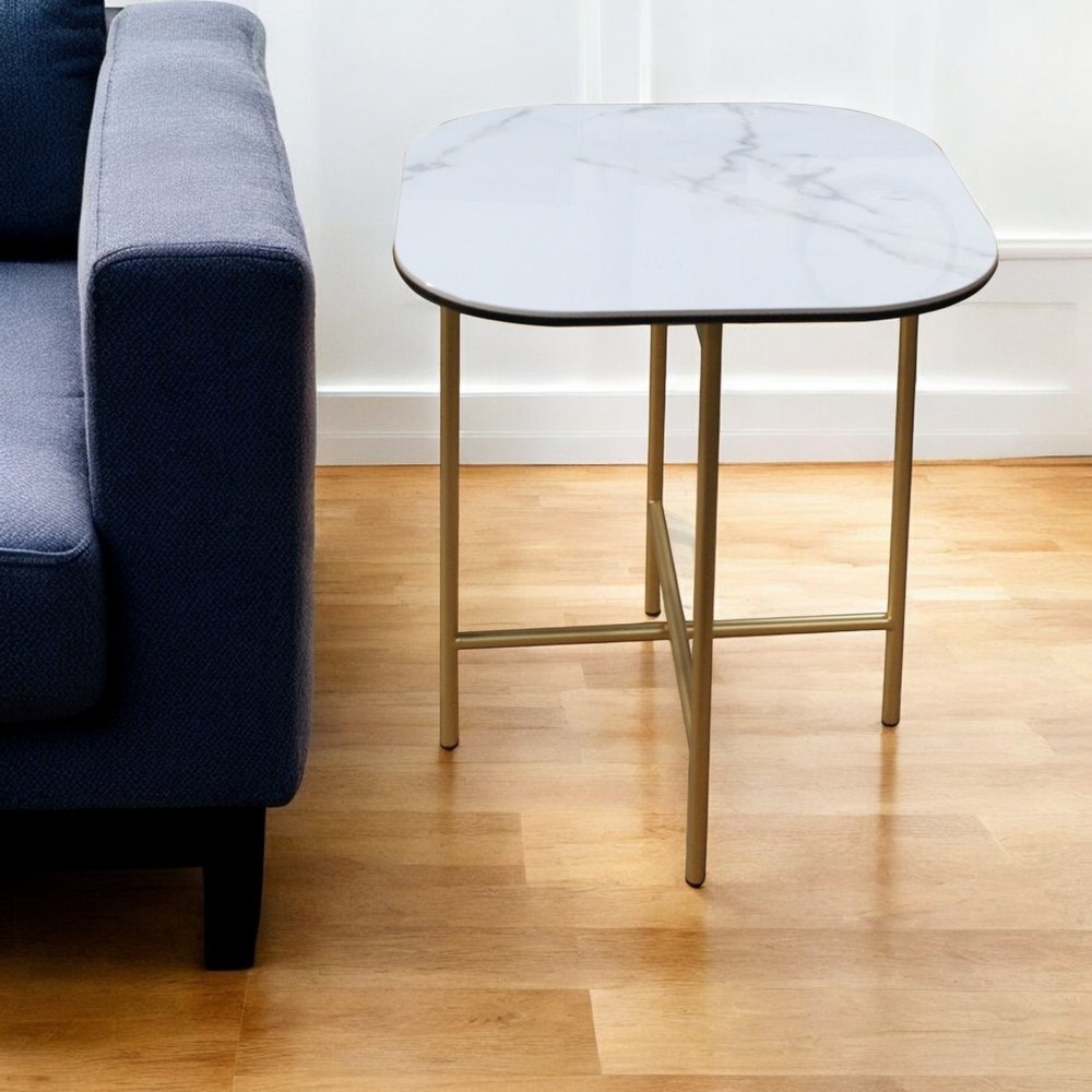 22" White And Gold Ceramic And Metal Square End Table