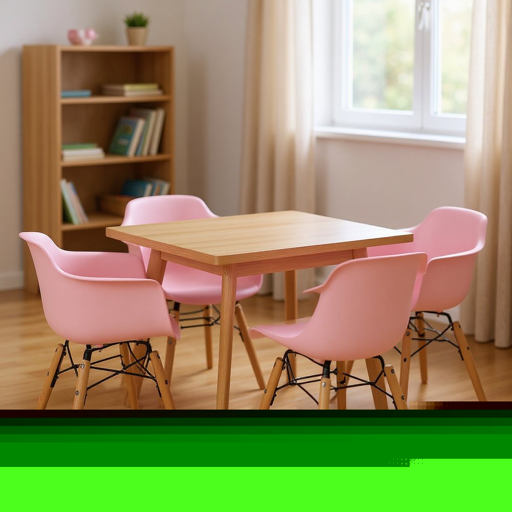 Set Of Four Pink And Brown Heavy Duty Plastic And Wood Juvenile Side Chairs