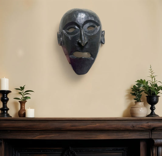11" Black Solid Wood Decorative Mask Tabletop Sculpture