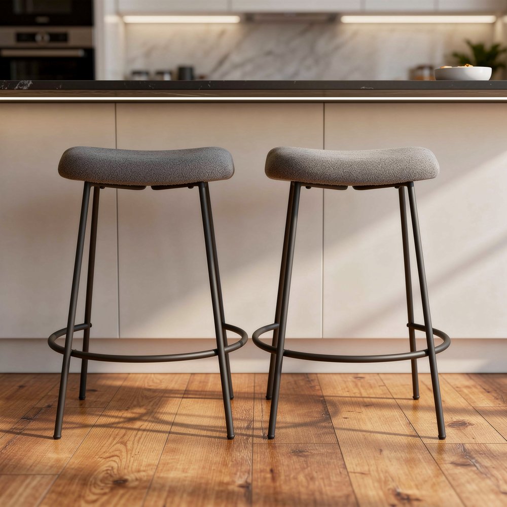 Set of Two 26" Gray and Black Fabric and Metal Backless Counter Height Bar Chairs