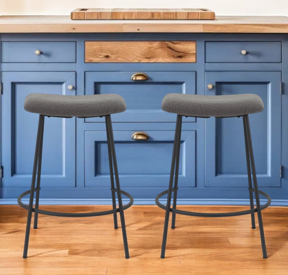 Set of Two 26" Gray and Black Fabric and Metal Backless Counter Height Bar Chairs