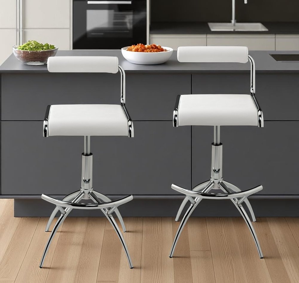 Set of Two White and Silver Metal and Faux Leather Low Back Adjustable Height Bar Chairs