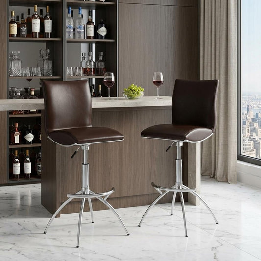 Set of Two Brown and Silver Metal and Faux Leather Low Back Adjustable Height Bar Chairs