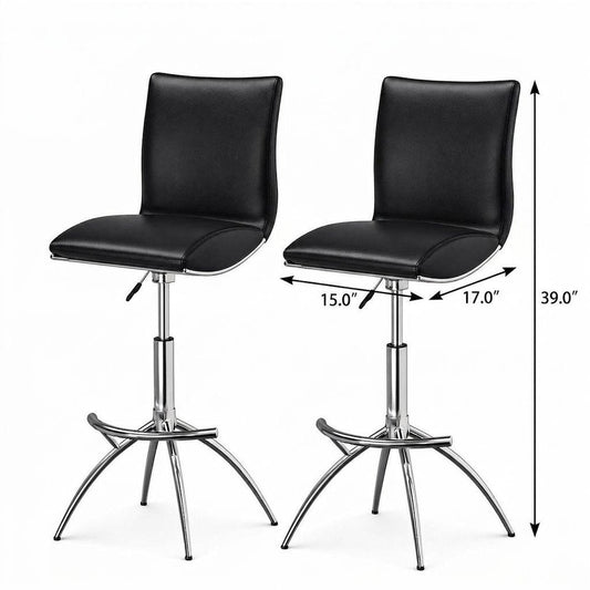 Set of Two Black and Silver Faux Leather and Metal Low Back Adjustable Height Bar Chairs