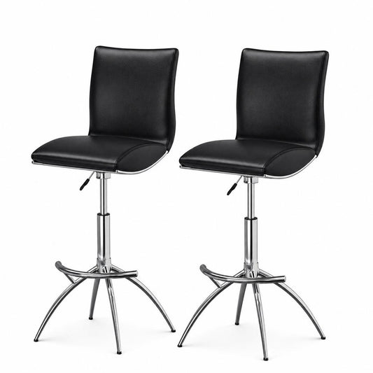 Set of Two Black and Silver Faux Leather and Metal Low Back Adjustable Height Bar Chairs